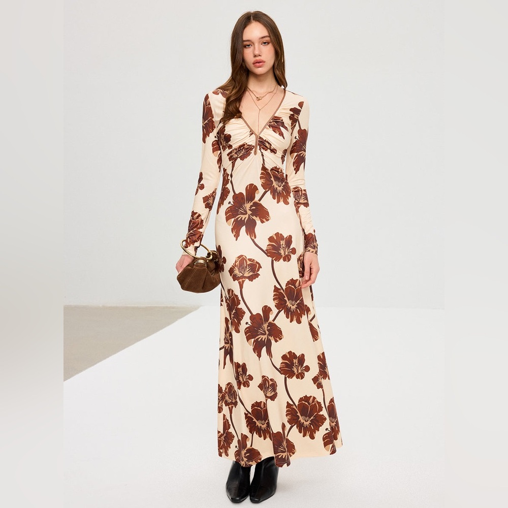 Nwt Commense Floral v neck maxi Long Sleeve Dress - Cream and Brown - Picture 5 of 16